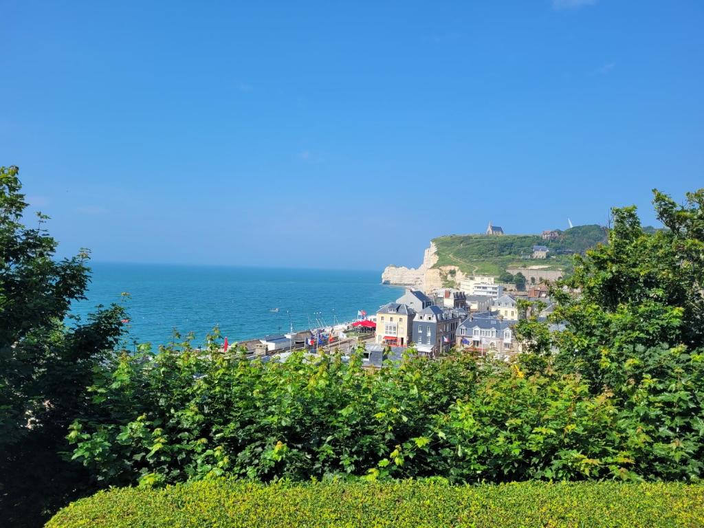 a group of houses on a hill next to the ocean at Dormy House in Étretat