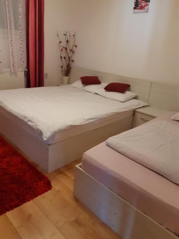 due letti singoli in una camera da letto con un tappeto rosso di Vila Georgeta a Zărneşti