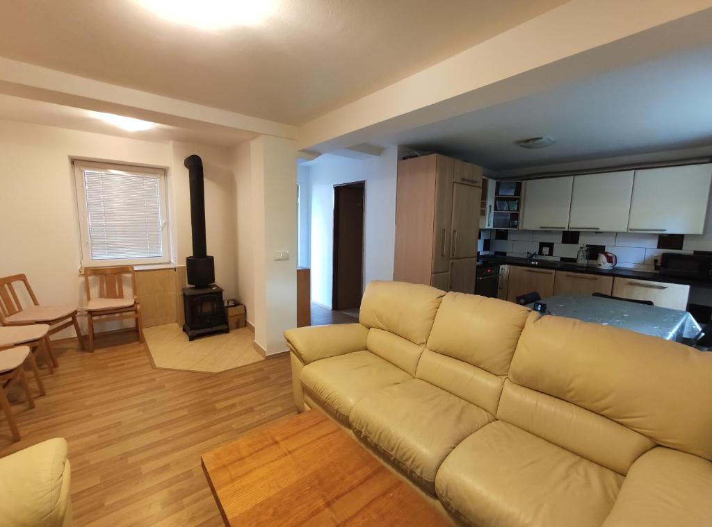 Hulín的住宿－Apartmán Hulín, Chrášťany - bílý，带沙发的客厅和厨房