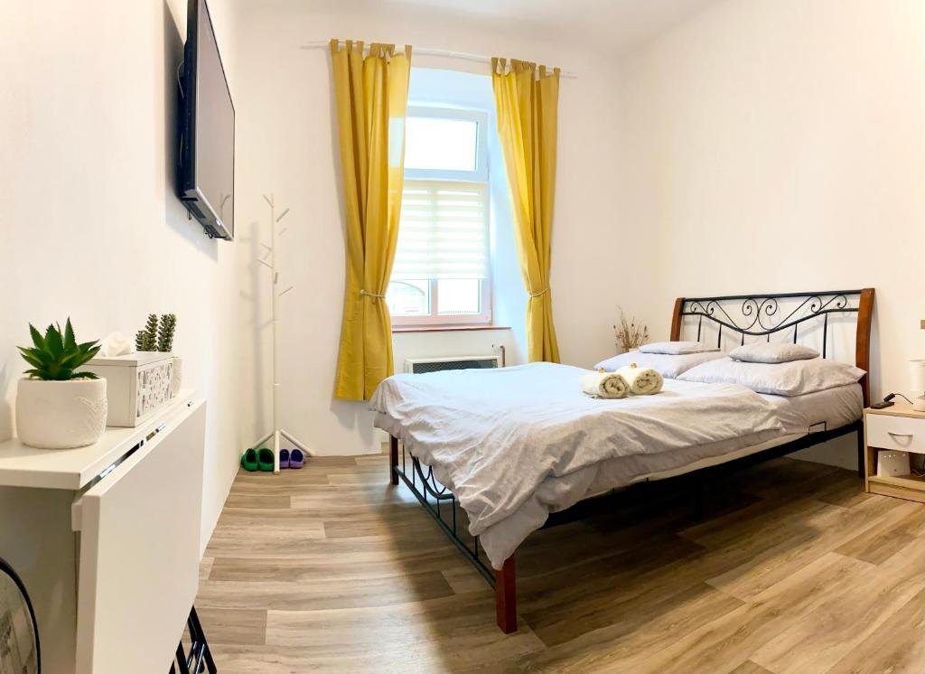 1 dormitorio con cama y ventana en Private apartment - Park Olomouc - super lokalita en Olomouc