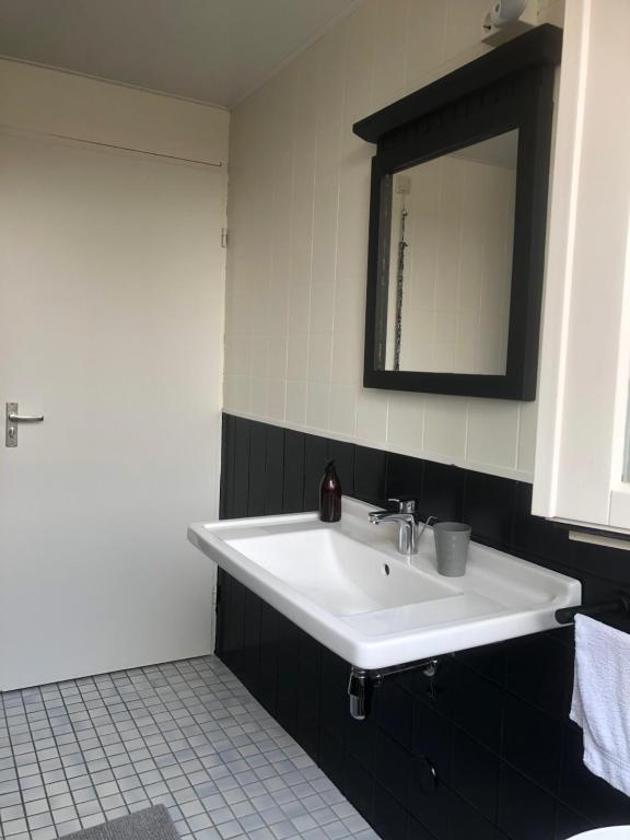 een badkamer met een witte wastafel en een spiegel bij Beej Fliep in America