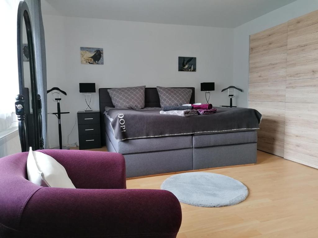 a living room with a couch and a purple chair at Gommer Ferienwohnung Bodensee - ruhig & 2getrennte Schlafzimmer-2xBoxspringbett 0176-34-35-17-78 in Friedrichshafen