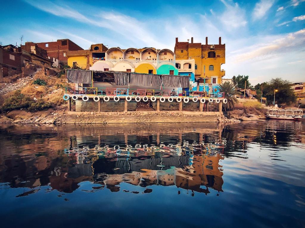 a building next to a river with ducks in the water at Takela Kato Guest House in Aswan