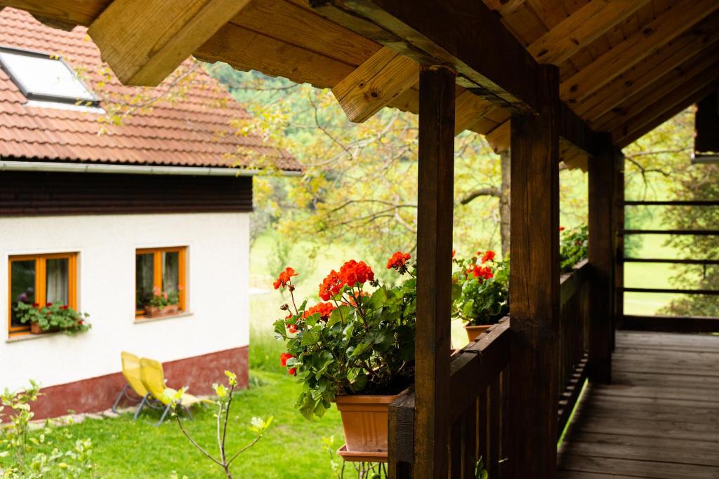 Un porche de una casa con flores. en Apartment Vrhivšek, en Frankolovo