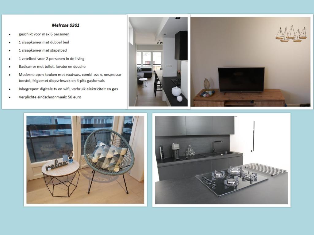 un collage di quattro immagini di un soggiorno di Melrose 0301 a Middelkerke