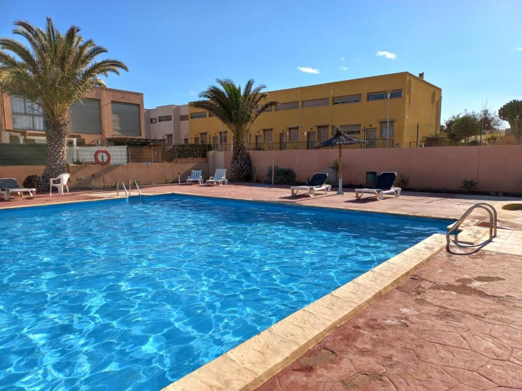 a large swimming pool with palm trees and a building at A los Soles de Fuerteventura in Costa de Antigua