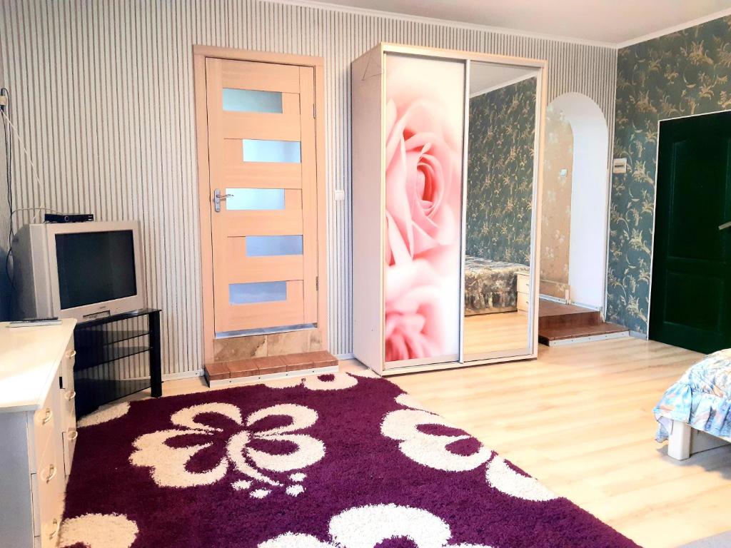 ein Schlafzimmer mit einem lila Teppich und einer Schiebetür in der Unterkunft Яновского 2 in Kropywnyzkyj