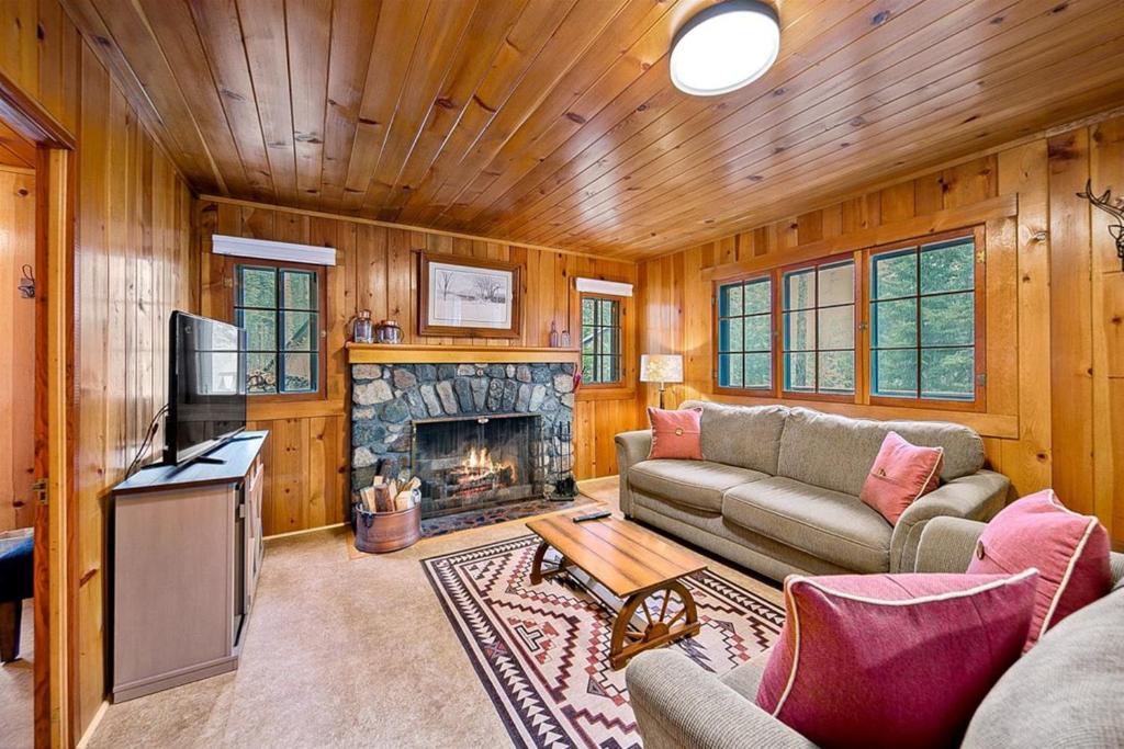 a living room with a couch and a fireplace at Knotty Pine Cabin in Joseph