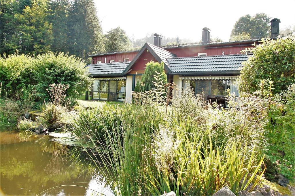 una casa con un estanque delante de ella en Thüringer Waldidyll en Brotterode