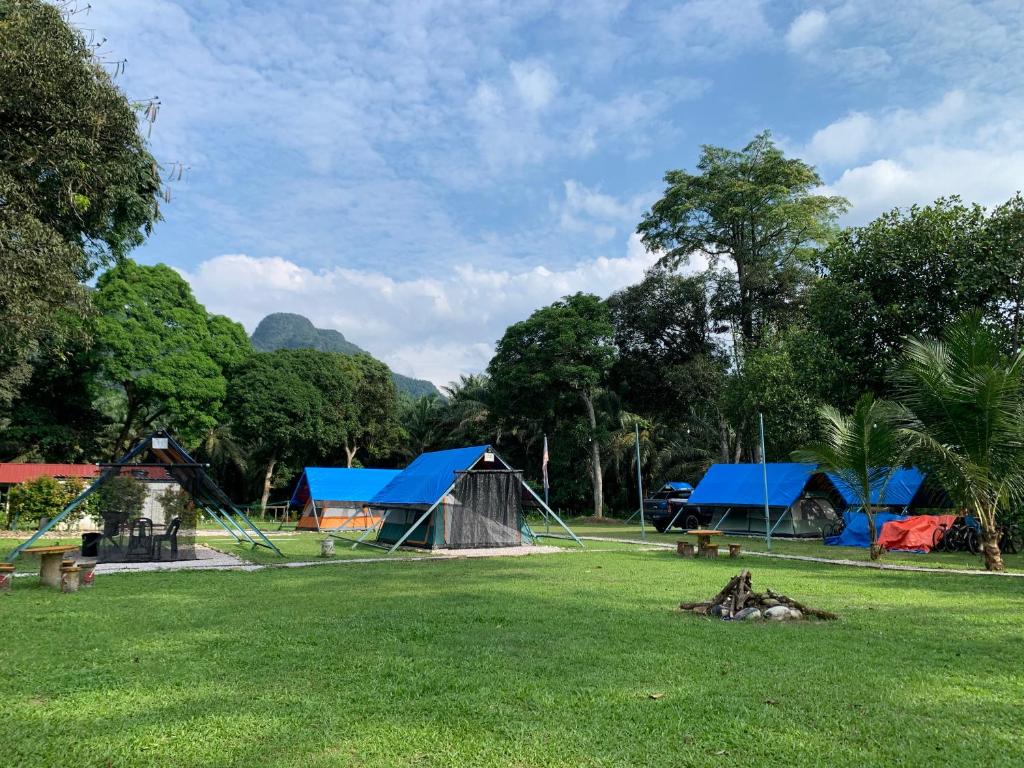 a group of tents in a field with trees at Outworld Basecamp in Gopeng