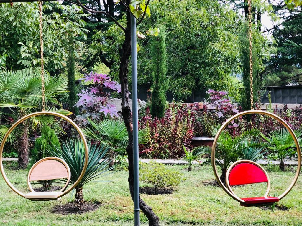 two mirrors sitting on the grass in a garden at Winehouse in Lagodekhi