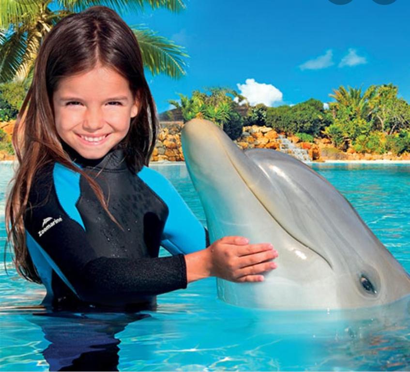 Une jeune fille tenant un dauphin dans l'eau dans l'établissement Las encinas Golf y Playa, à Ayamonte