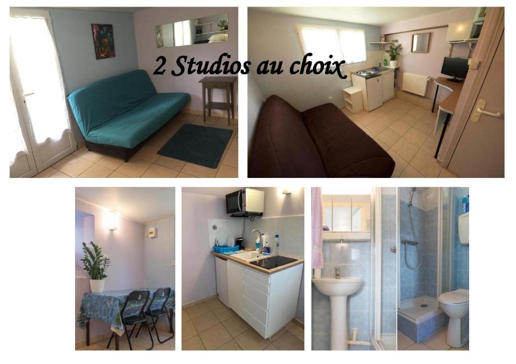 un collage de photos d'une salle de bains et d'une chambre dans l'établissement Charmant Studio Équipé Proche Paris et Versailles, à Chaville