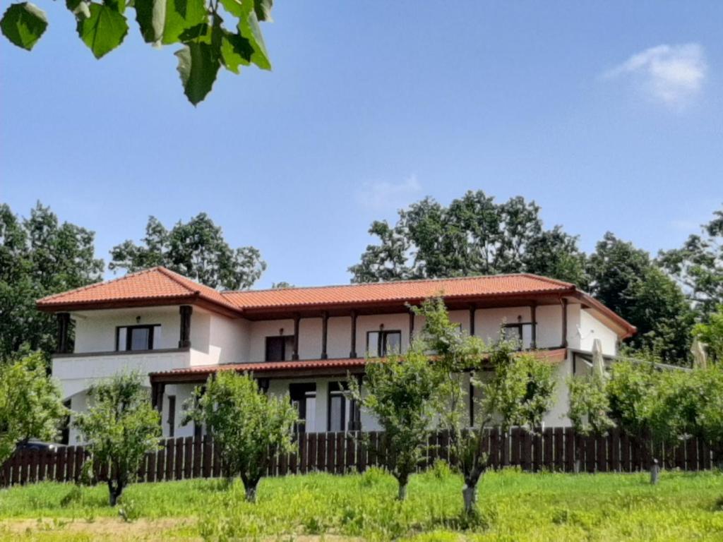 a house with a fence and trees in front of it at Pensiunea Emelys in Iaşi