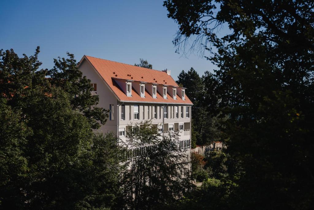 ロットヴァイルにあるMaiers Johanniterbad Ringhotel Rottweilのオレンジ色の屋根の白い大きな建物