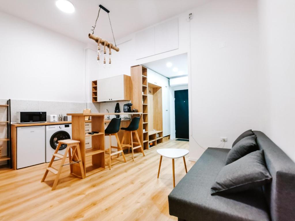 ein Wohnzimmer mit einem Sofa und einer Küche in der Unterkunft Fly Residence in Arad