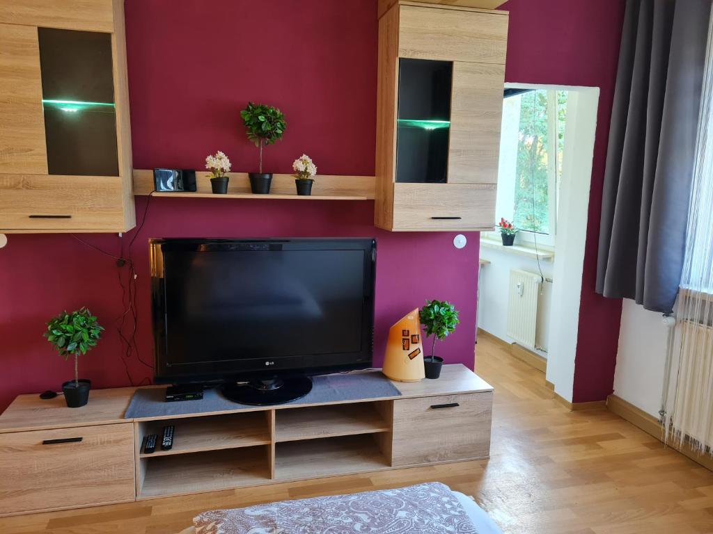 een woonkamer met een flatscreen-tv aan de muur bij Monteurwohnung Mockau in Leipzig