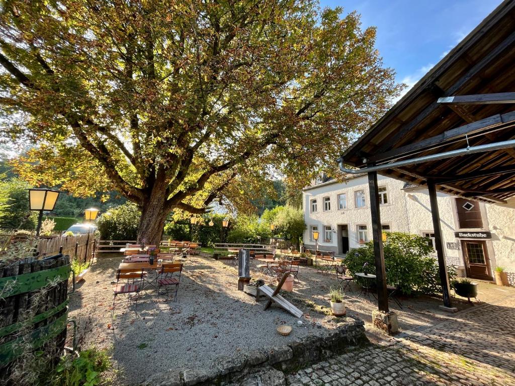 un parc avec un arbre et des bancs et un bâtiment dans l'établissement Hinkelshof, à Körperich
