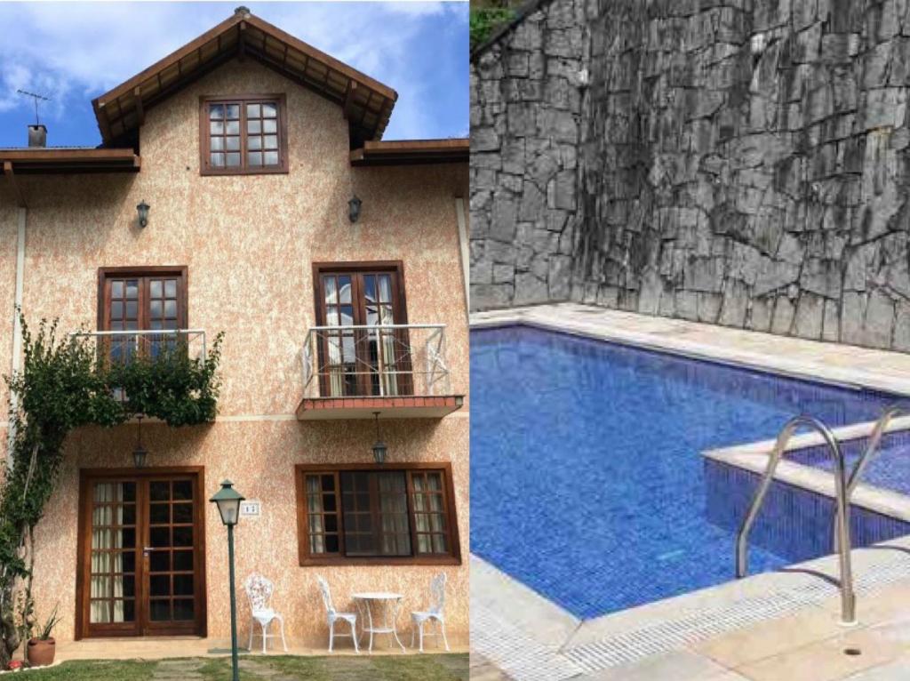 due foto di una casa e di una piscina di Casa com vista deslumbrante próximo a feirinha a Teresópolis