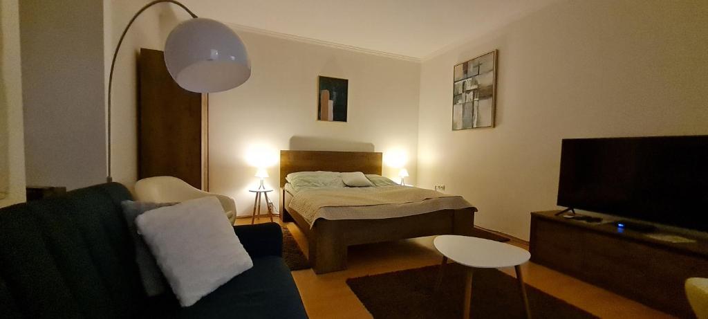 una pequeña sala de estar con cama y sofá en Ida Apartman, en Miskolc
