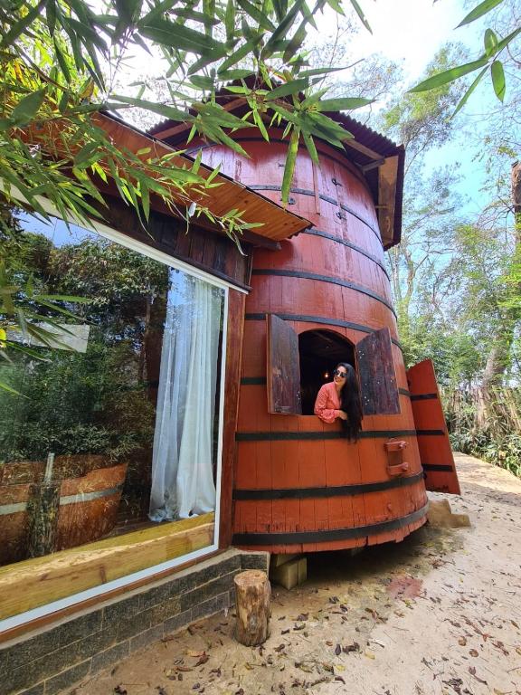a person sitting in the window of a tree house at Pipa Malbec in Petrópolis