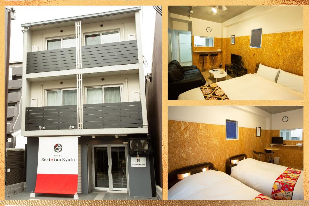 three different views of a hotel room at Rest inn Kyoto in Kyoto