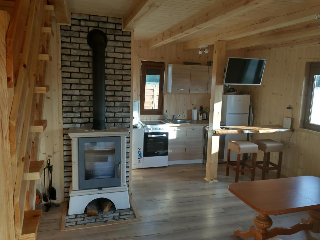 a kitchen with a woodburning stove in a cabin at Domek na Wyspie Sobieszewskiej in Gdańsk