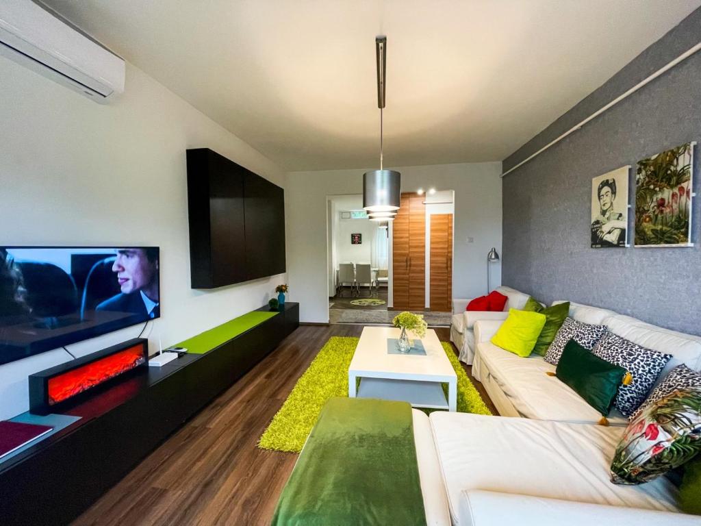 salon z kanapą i telewizorem w obiekcie Greatforest Rosehill 1 Apartman w Debreczynie