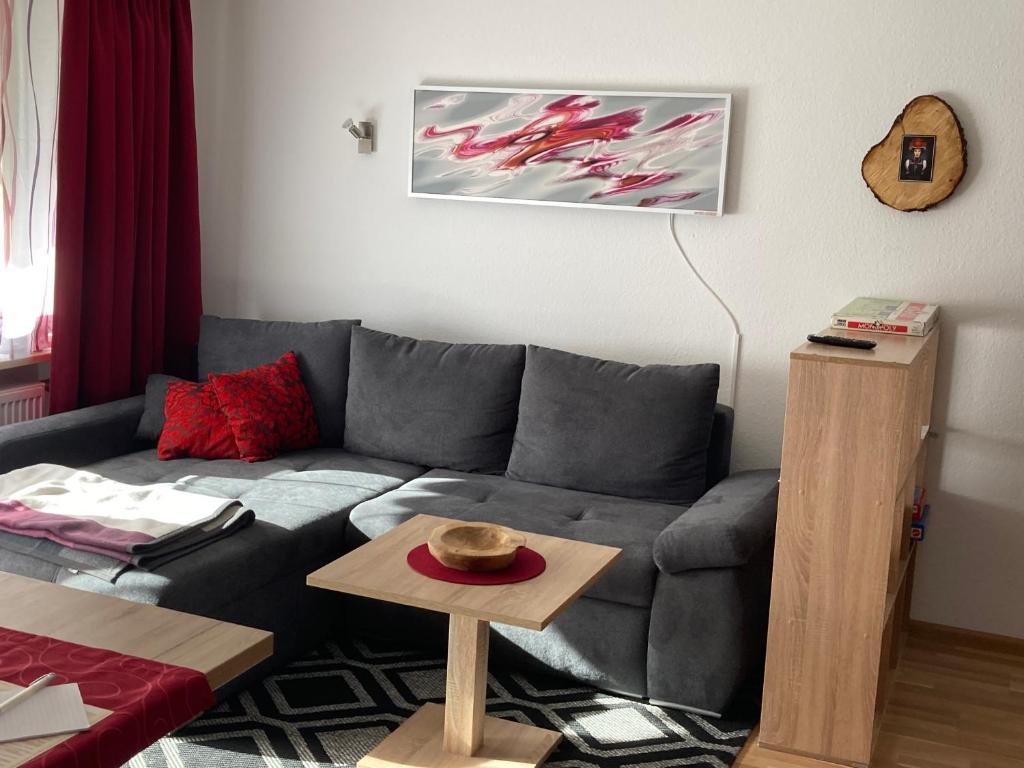 a living room with a gray couch and a table at Gemütliche Ferienwohnung in Sankt Blasien in St. Blasien
