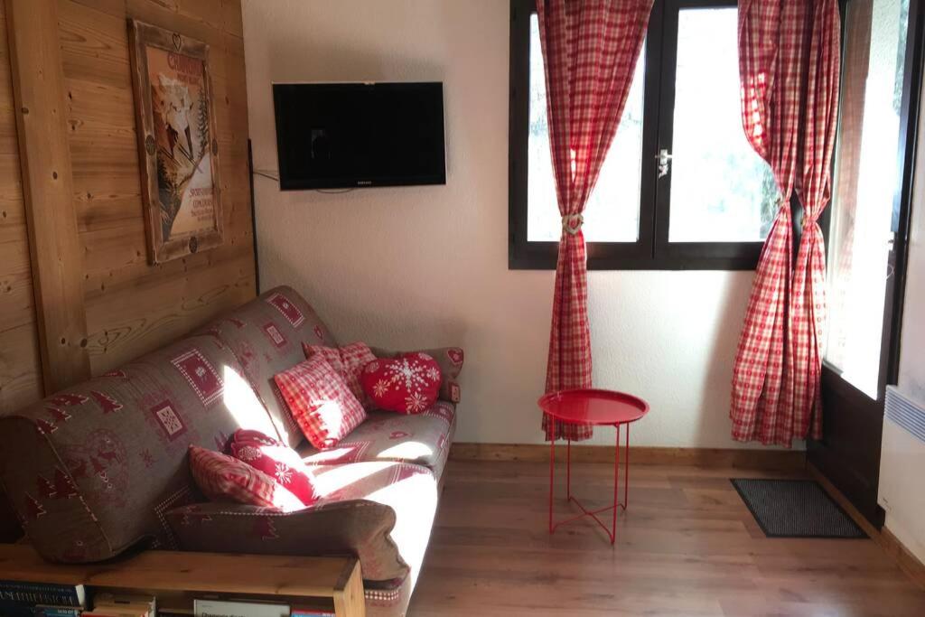 salon z kanapą i czerwonymi poduszkami w obiekcie Charmant appartement, centre ville, vue Mont-Blanc w Chamonix-Mont-Blanc