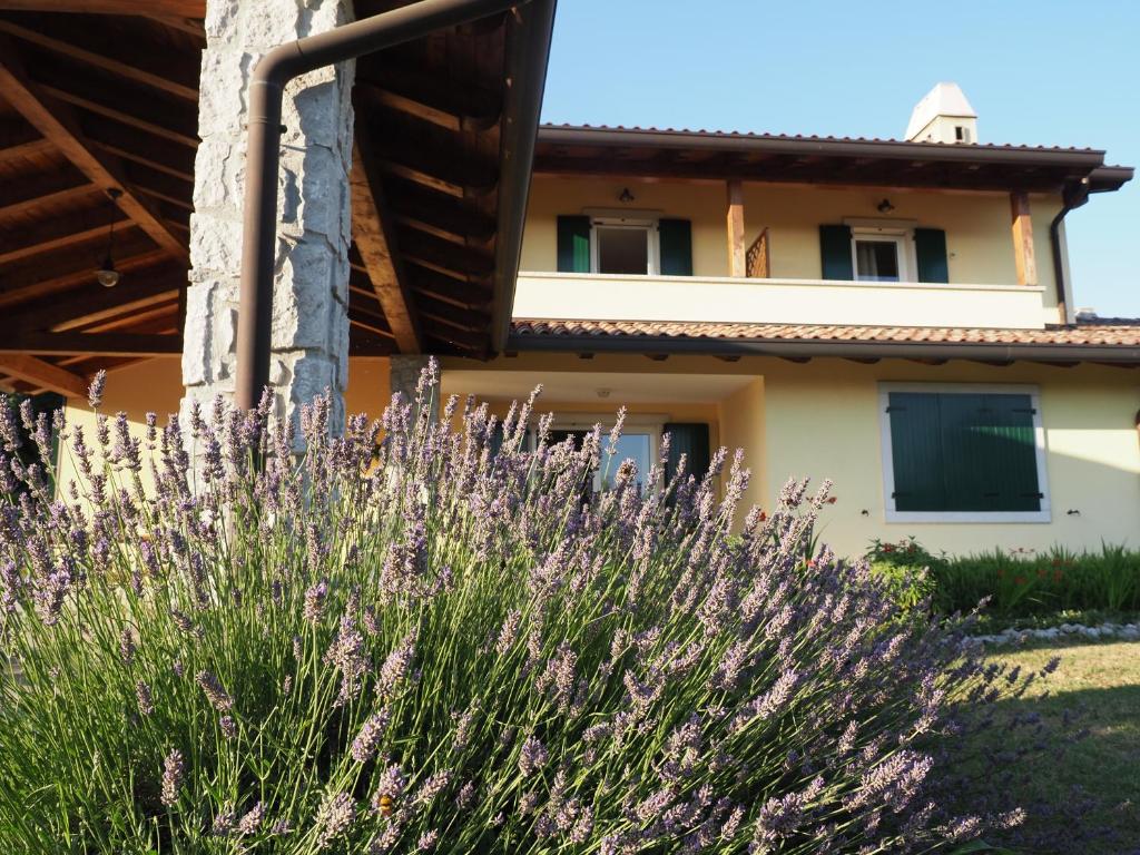 un jardín con flores púrpuras frente a una casa en Casa vacanze Lepa Vida, en Sistiana