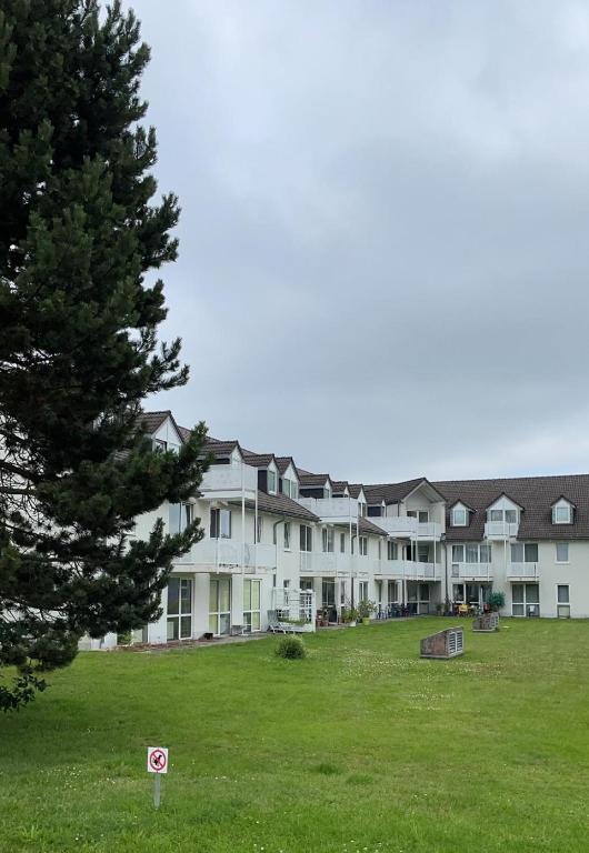 a large white building with a tree in the foreground at Ferienwohnung am Alexbad in Bad Alexandersbad