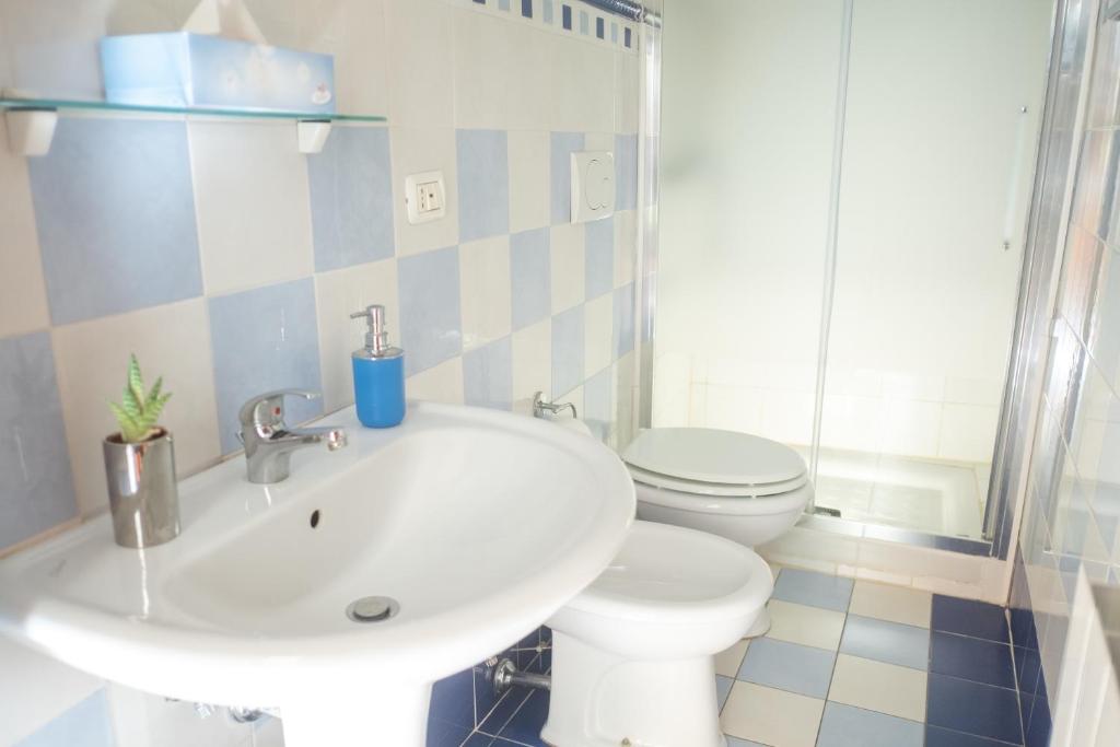 ein Badezimmer mit einem weißen Waschbecken und einem WC in der Unterkunft B&B Vacanze in Mugello in San Piero a Sieve