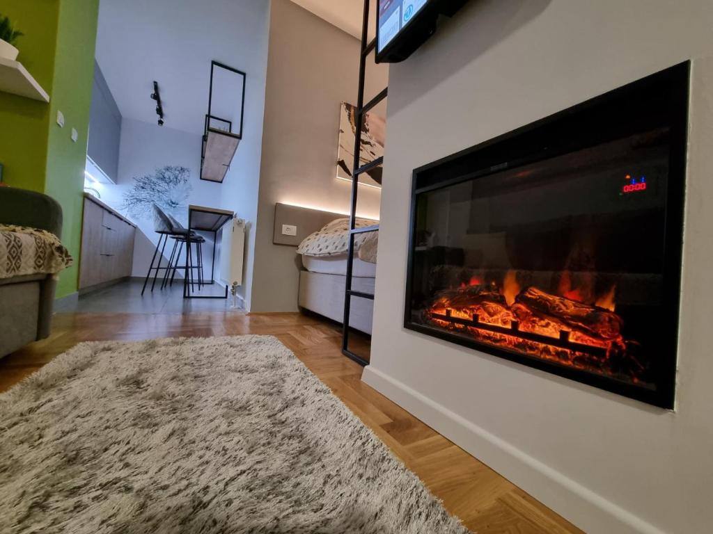 a living room with a fireplace and a rug at Apartman Golden Lux 1 in Pale