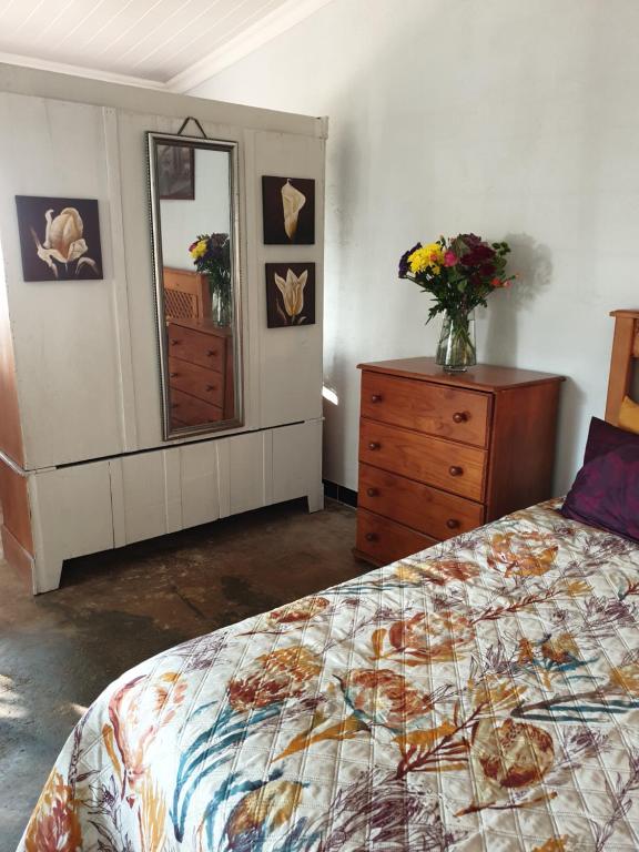 1 dormitorio con cama, tocador y espejo en Dombeya Ridge Guest Suite, en Rustenburg