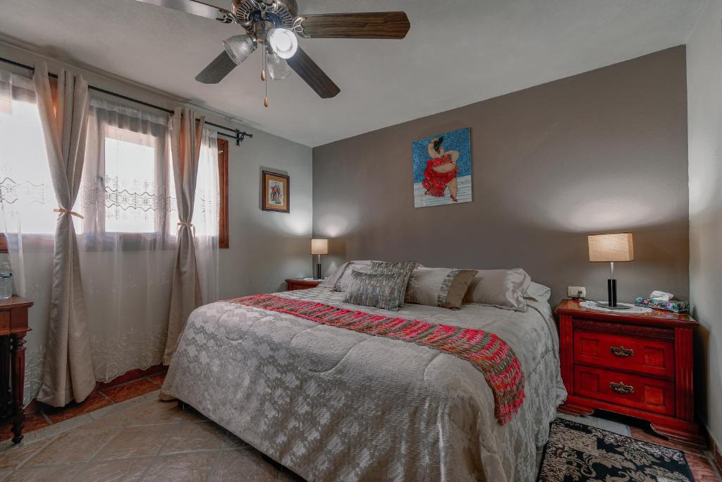 um quarto com uma cama e uma ventoinha de tecto em Casa Maricela B&B em San Miguel de Allende