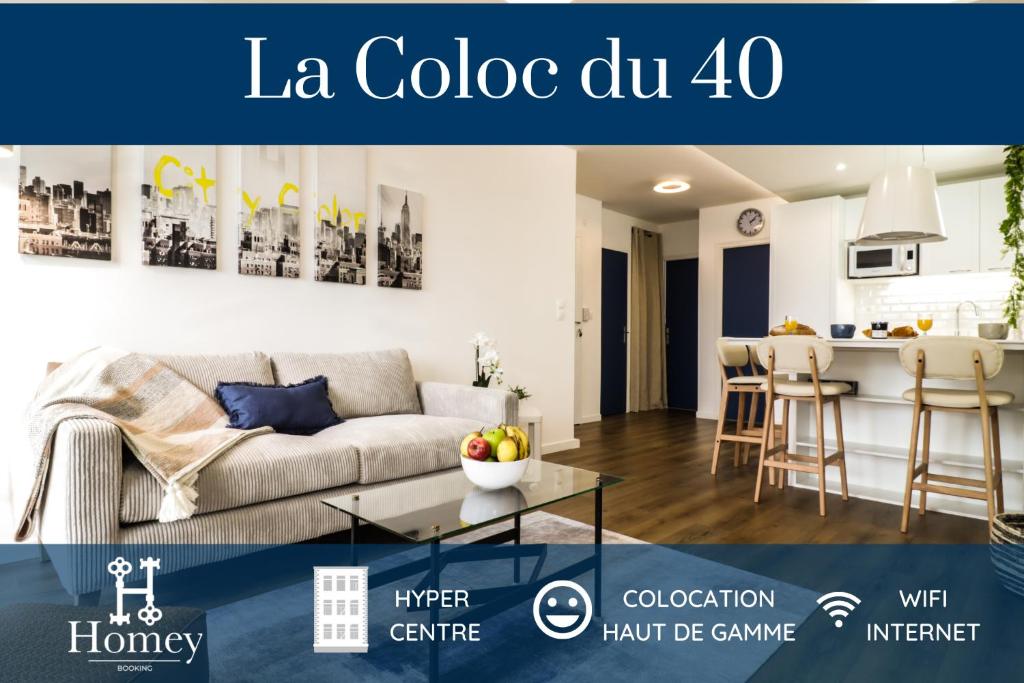 a living room with a couch and a kitchen at HOMEY LA COLOC DU 40 - Colocation haut de gamme de 4 chambres uniques et privées - Proche transports en commun - Aux portes de Genève in Annemasse