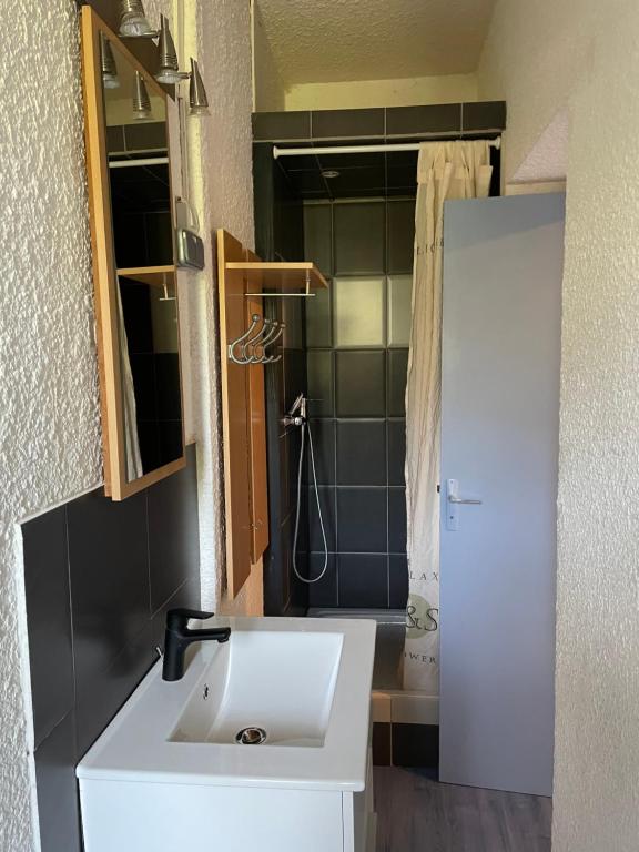 uma casa de banho com um lavatório branco e um chuveiro em Beau séjour em Aiguebelette-le-Lac