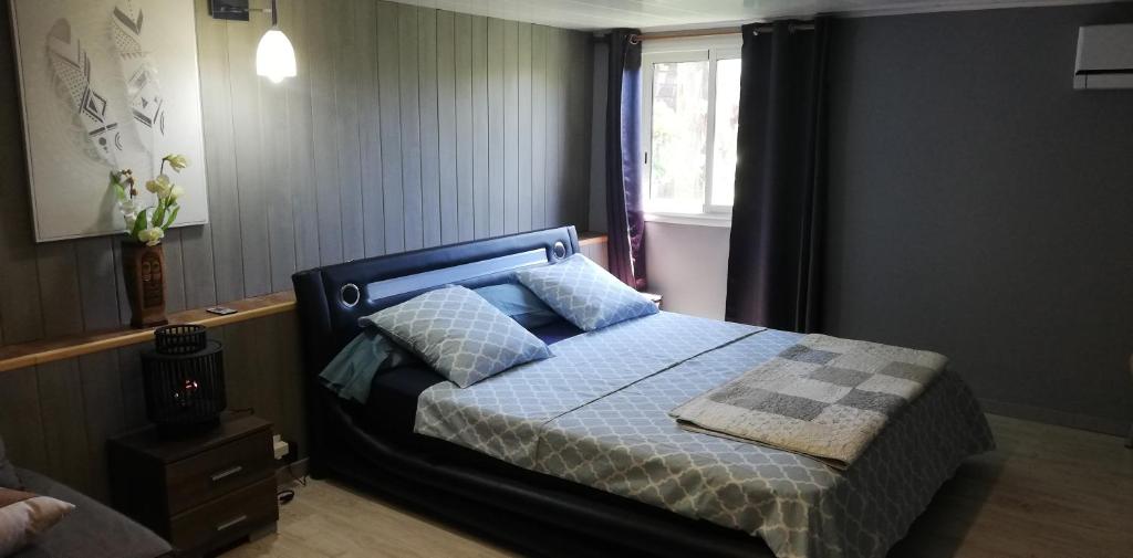 a bedroom with a bed with pillows and a window at Appartement spacieux in Sainte-Marie