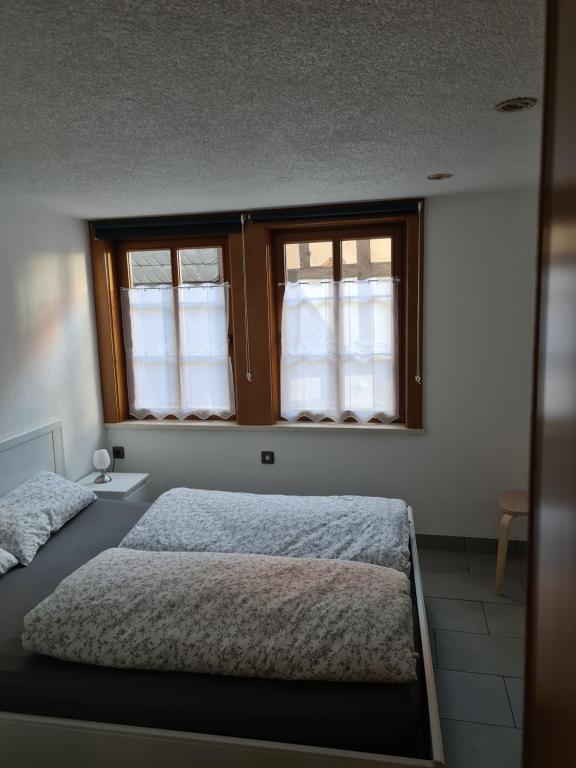 ein Schlafzimmer mit einem Bett und zwei Fenstern in der Unterkunft FeWo Iris in Alsfeld