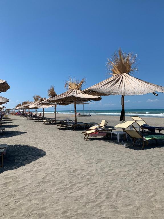 rząd parasoli i leżaków na plaży w obiekcie Sunrise w mieście Margherita di Savoia