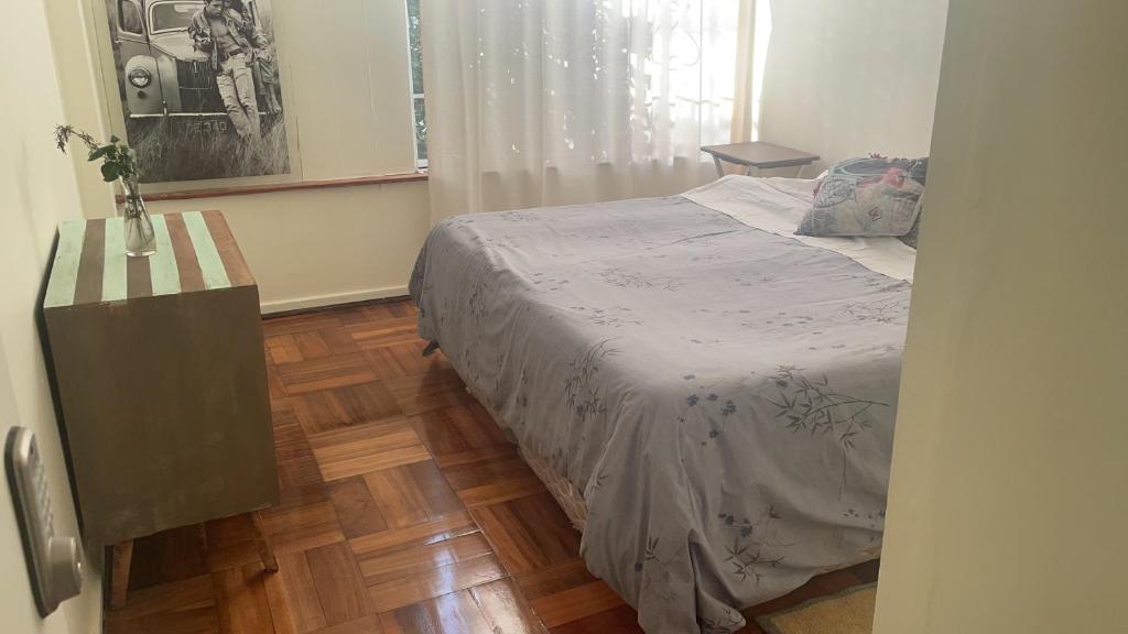 Un dormitorio con una cama y suelo de madera. en Roommate viña, en Viña del Mar