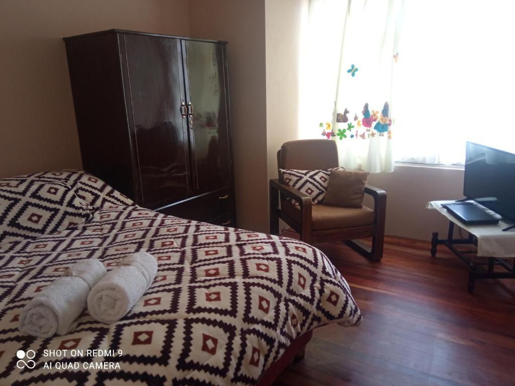 1 dormitorio con cama, silla y escritorio en Rinconcito Andino II, en La Paz