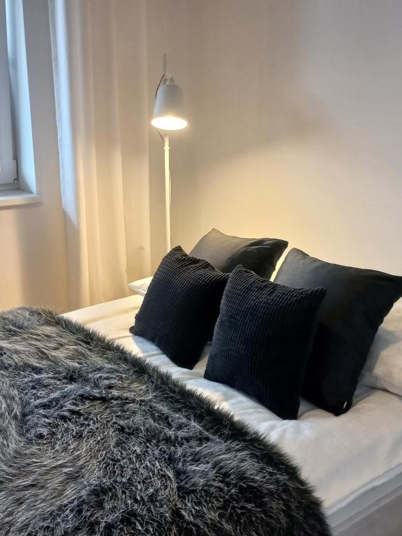 a bed with black pillows and a blanket on it at Apartament - malowniczy Augustów in Augustów