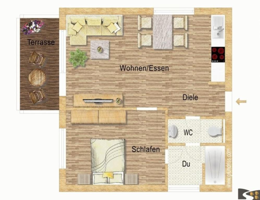 een plattegrond van een klein appartement met: bij Auf dem Rheinsteig in Lierschied