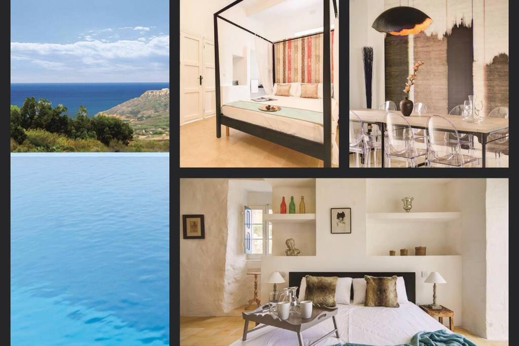 a collage of four pictures of a bedroom and a pool at FIFTY-FOUR Edge Pool House - GOZO in Il-Pergla