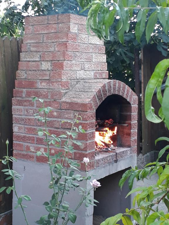 a brick oven with a fire inside of it at Casa Nautica in Jurilovca