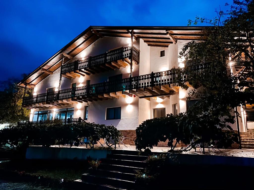 a large building with stairs in front of it at night at PANORAMIC Sus In Deal in Vişeu de Jos