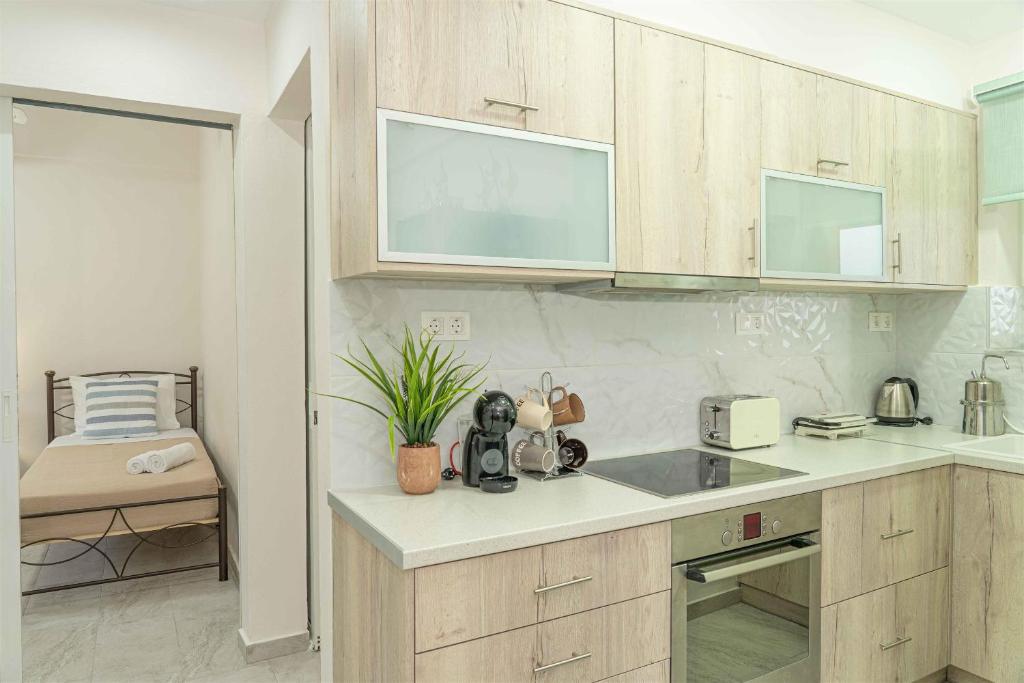 a kitchen with wooden cabinets and a counter top at Tzortzi's Family Apartments in Kaloi Limenes
