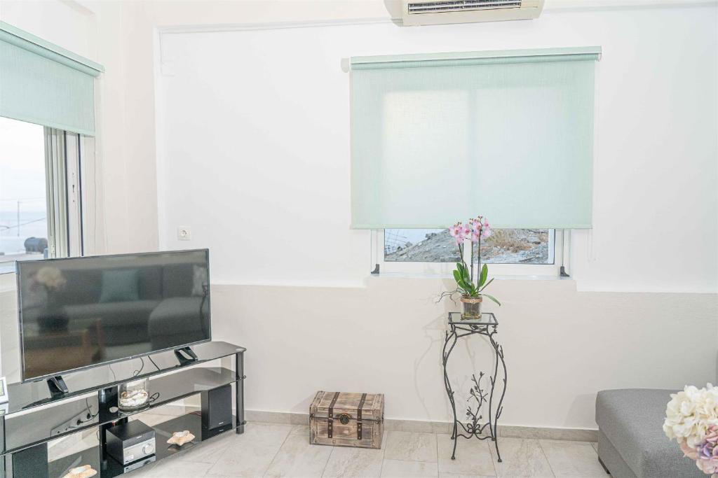 a living room with a tv and a window at Tzortzi's Family Apartments in Kaloi Limenes
